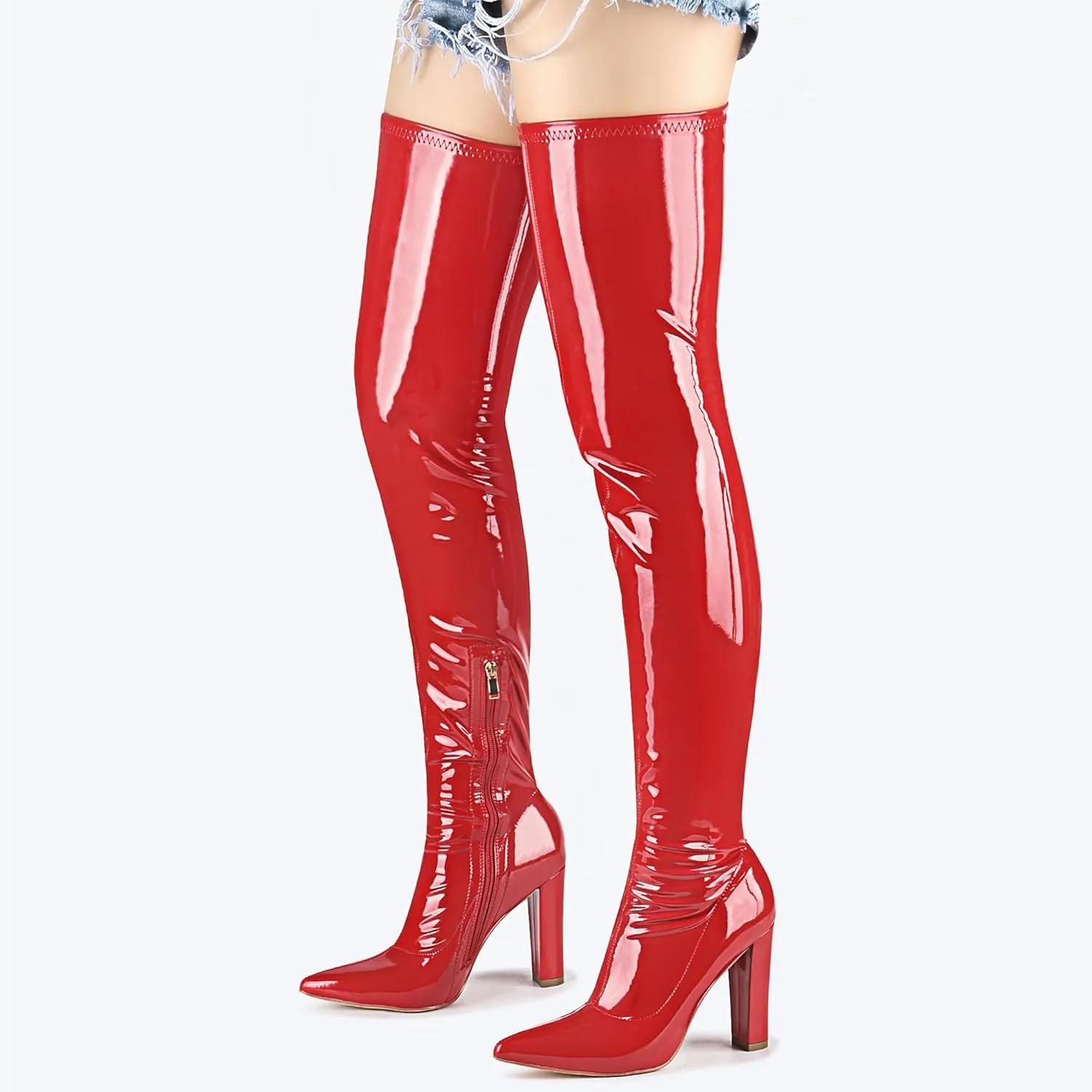 Women Thigh High Boots Chunky Heel Over The Knee Boots Patent Leather PU Stretchy Tall Boots Sexy Pointed Toe Fashion GOGO Boots Prom Party Knee High Boots