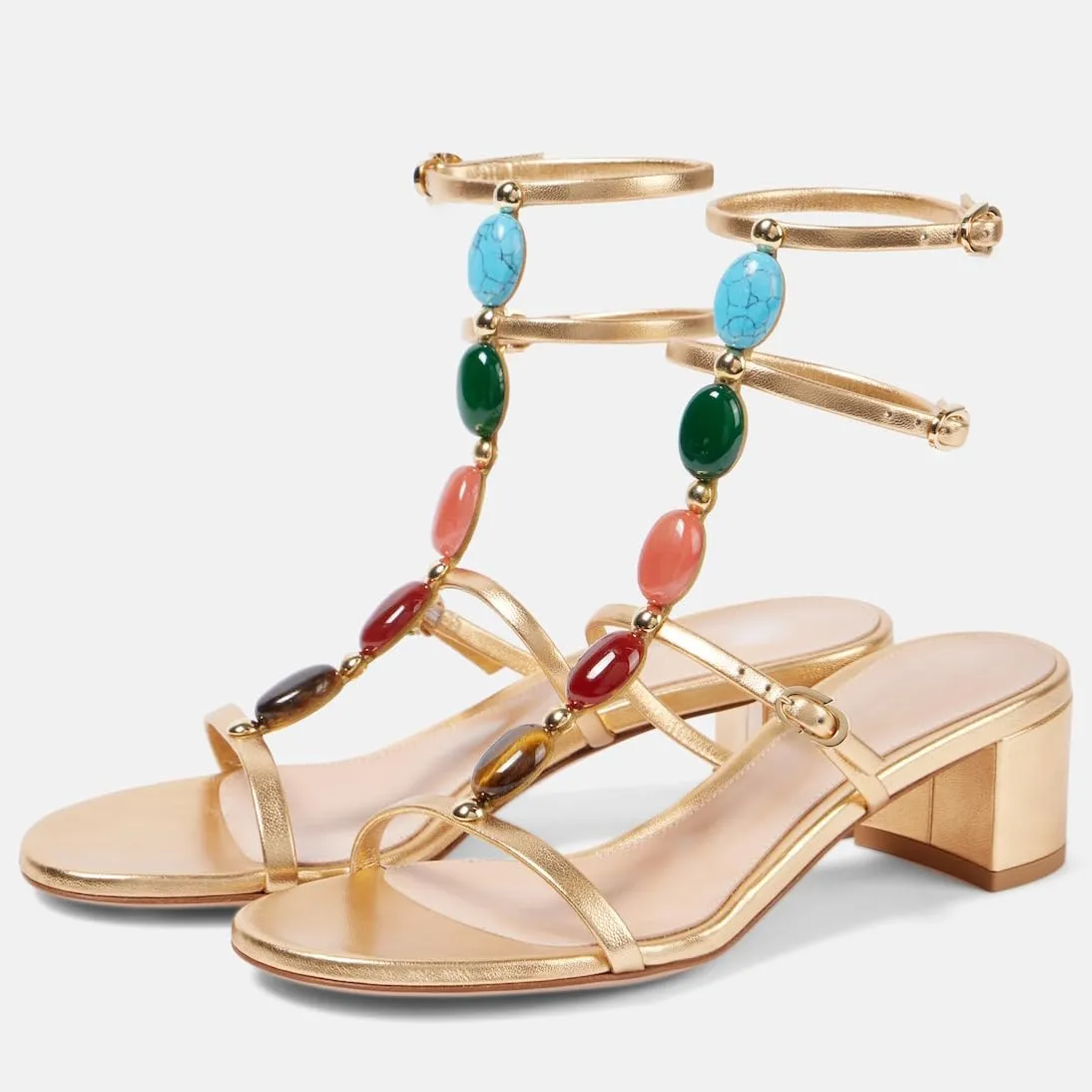 Women's Ankle Strap Sandals Gemstone Open Toe Block Heel Dress Shoes Buckle Strap Boho Leather Sandals