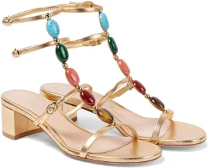 Women's Ankle Strap Sandals Gemstone Open Toe Block Heel Dress Shoes Buckle Strap Boho Leather Sandals