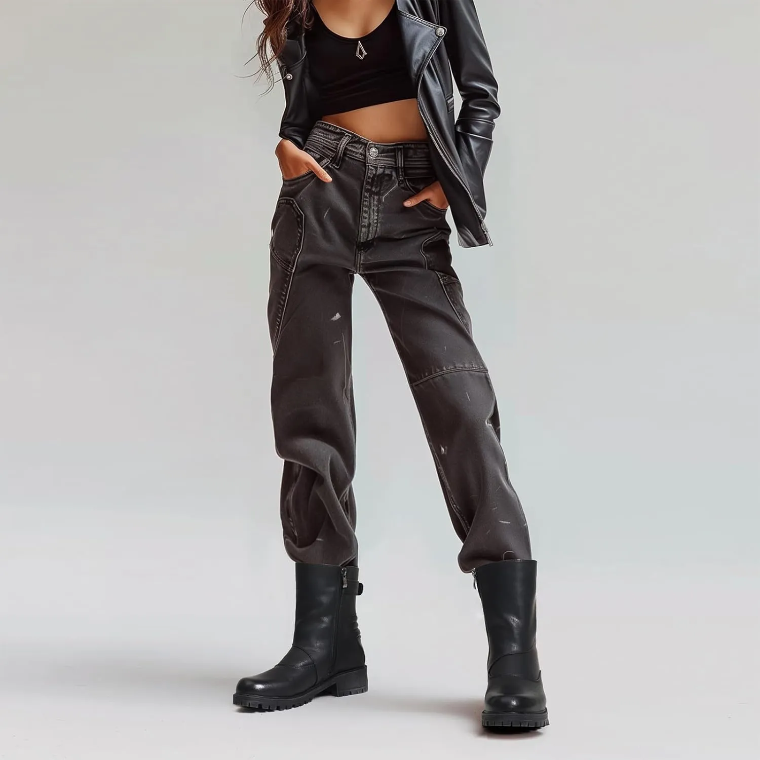 Women's Biker Boots Motorcycle Boots Buckle Mid Calf Boots Low Heel Combat Riding Military Boots for Women