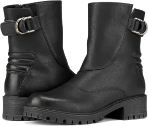Women's Biker Boots Motorcycle Boots Buckle Mid Calf Boots Low Heel Combat Riding Military Boots for Women