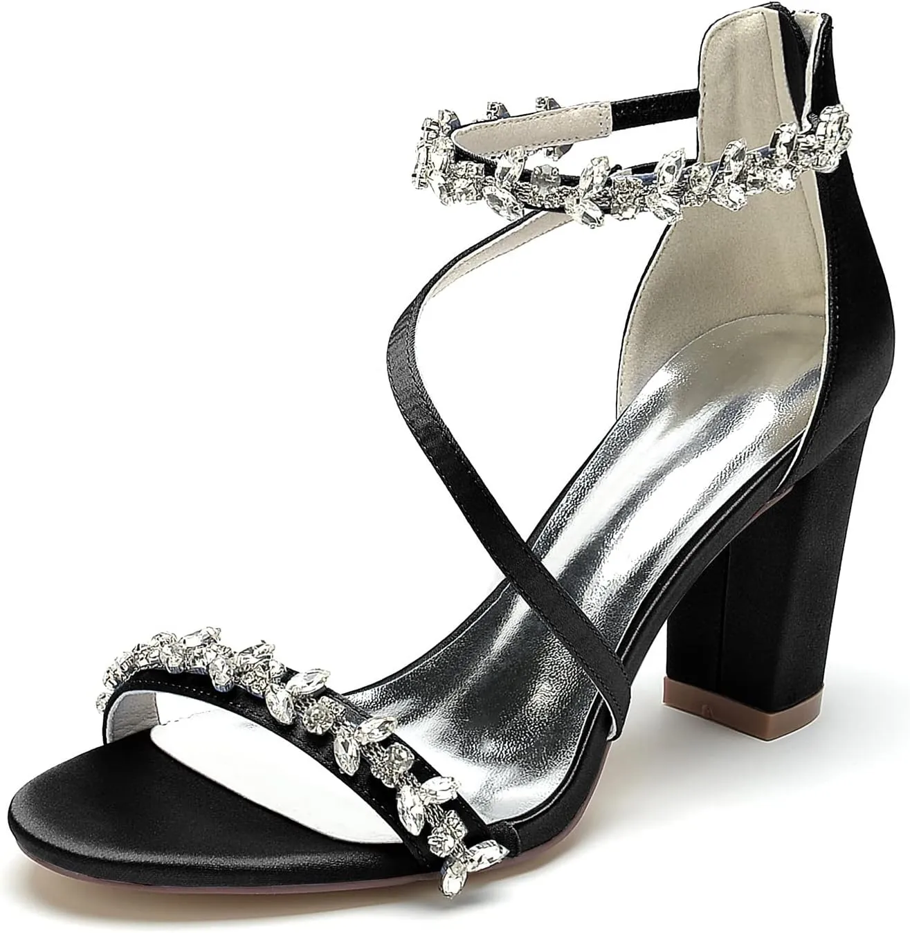 Women's Block Chunky High Heels Open Toe Crystal Wedding Pumps Ankle Strap Evening Prom Dance Party Dress Pump Sandals Shoes
