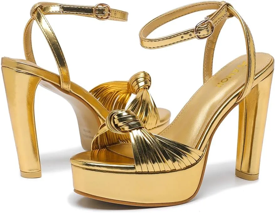 Women's Block Heels 4 Inch Platform Braid Knot Ankle Strap Lady Heeled Sandals FZ319