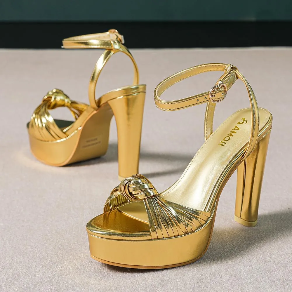 Women's Block Heels 4 Inch Platform Braid Knot Ankle Strap Lady Heeled Sandals FZ319
