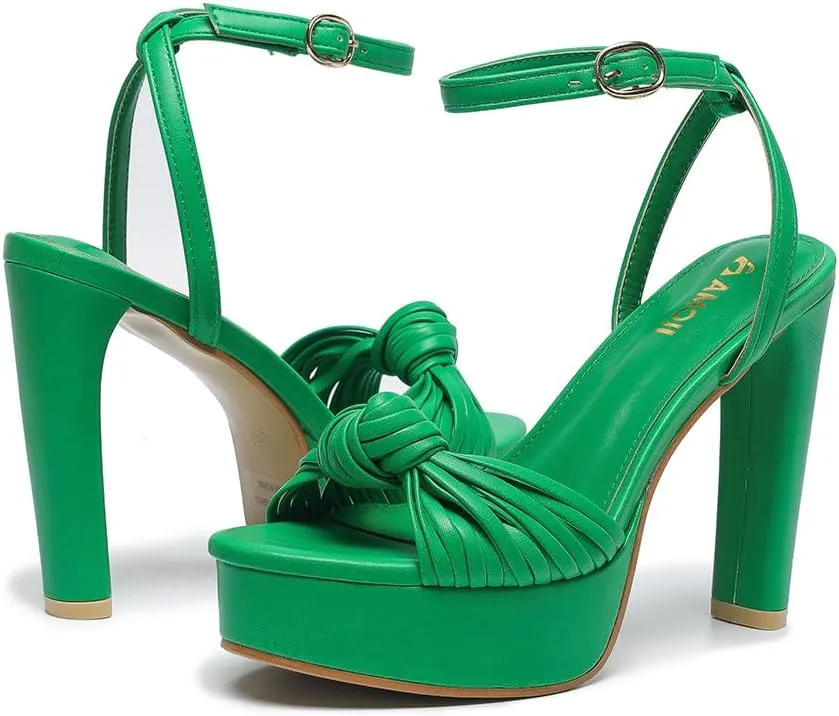 Women's Block Heels 4 Inch Platform Braid Knot Ankle Strap Lady Heeled Sandals FZ319