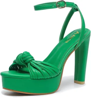 Women's Block Heels 4 Inch Platform Braid Knot Ankle Strap Lady Heeled Sandals FZ319