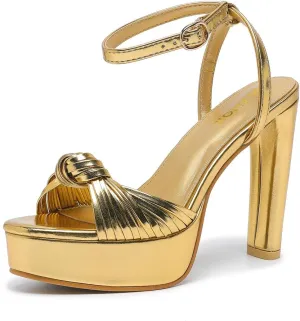 Women's Block Heels 4 Inch Platform Braid Knot Ankle Strap Lady Heeled Sandals FZ319