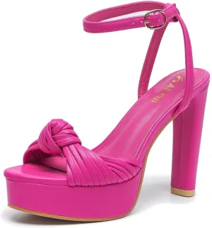 Women's Block Heels 4 Inch Platform Braid Knot Ankle Strap Lady Heeled Sandals FZ319