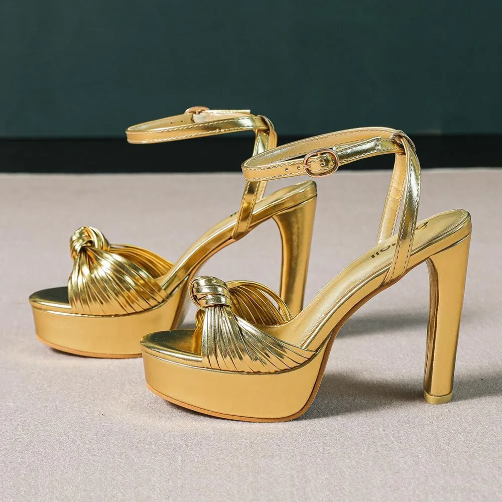 Women's Block Heels 4 Inch Platform Braid Knot Ankle Strap Lady Heeled Sandals FZ319