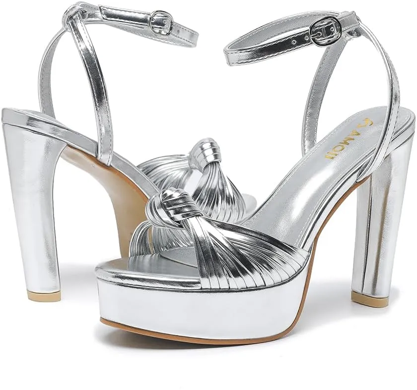 Women's Block Heels 4 Inch Platform Braid Knot Ankle Strap Lady Heeled Sandals FZ319
