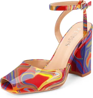Women's Block High Heels Chunky Heel Maroon Slingback Sandals Square Open Toe Ankle Strap Burgundy Heeled Dressy Shoes for Ladies Sexy Cute Comfy Summer
