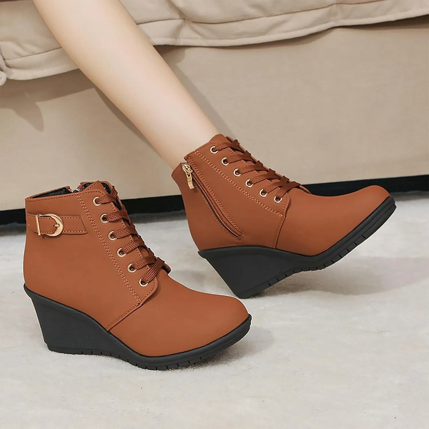 Womens Booties Fashion Lace up Ankle Boots Ladies Buckle Platform Shoes Chunky High Heel Boots Wedge Boots for Women
