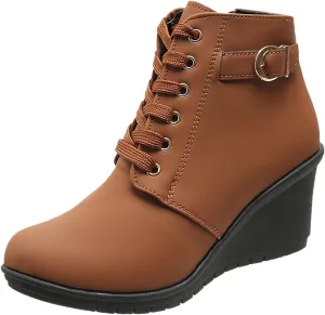 Womens Booties Fashion Lace up Ankle Boots Ladies Buckle Platform Shoes Chunky High Heel Boots Wedge Boots for Women