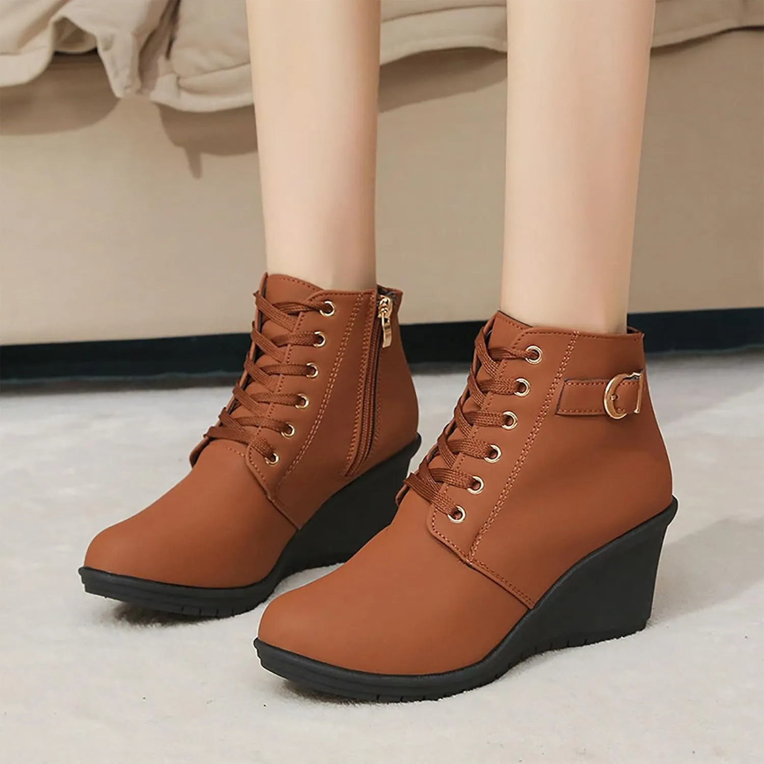 Womens Booties Fashion Lace up Ankle Boots Ladies Buckle Platform Shoes Chunky High Heel Boots Wedge Boots for Women