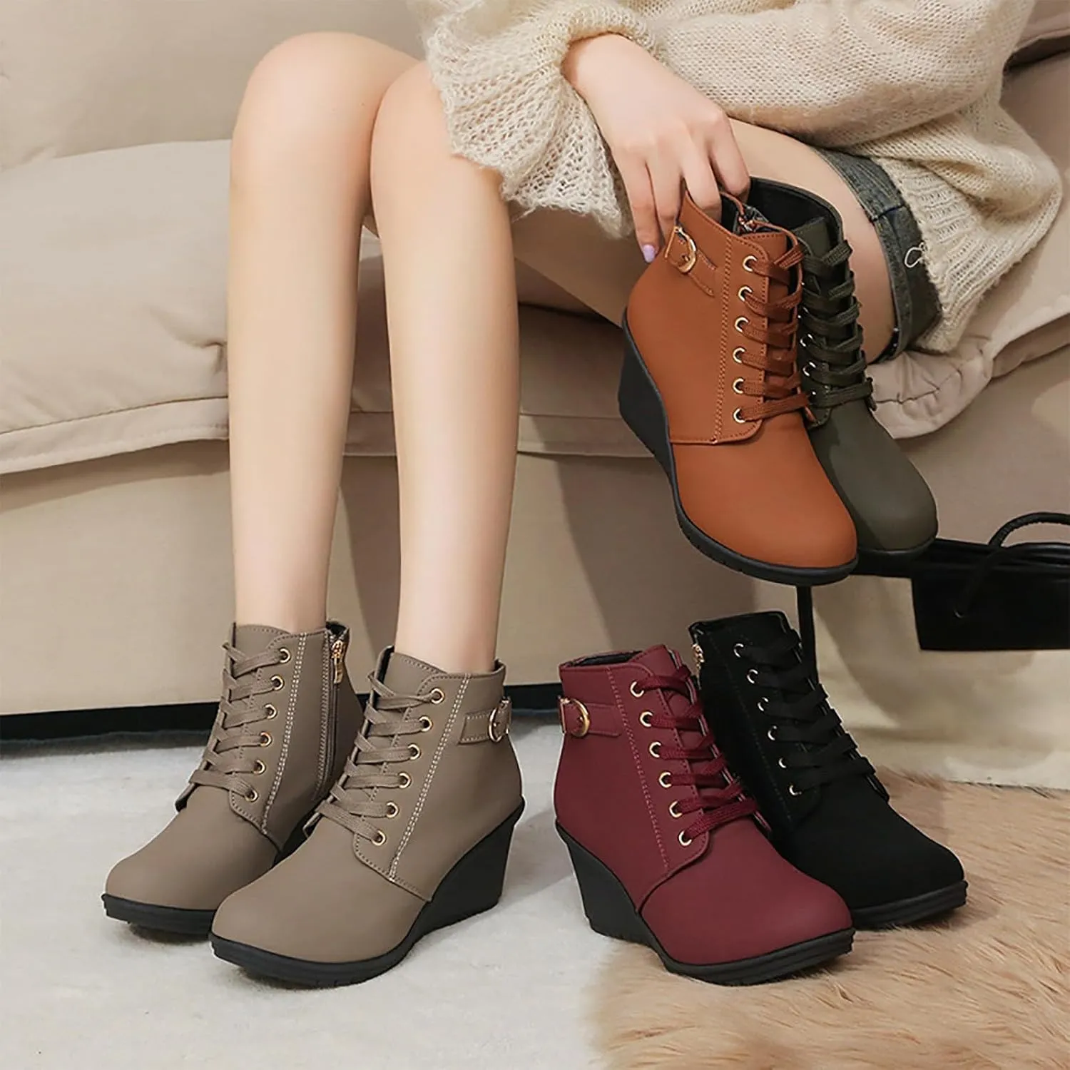 Womens Booties Fashion Lace up Ankle Boots Ladies Buckle Platform Shoes Chunky High Heel Boots Wedge Boots for Women