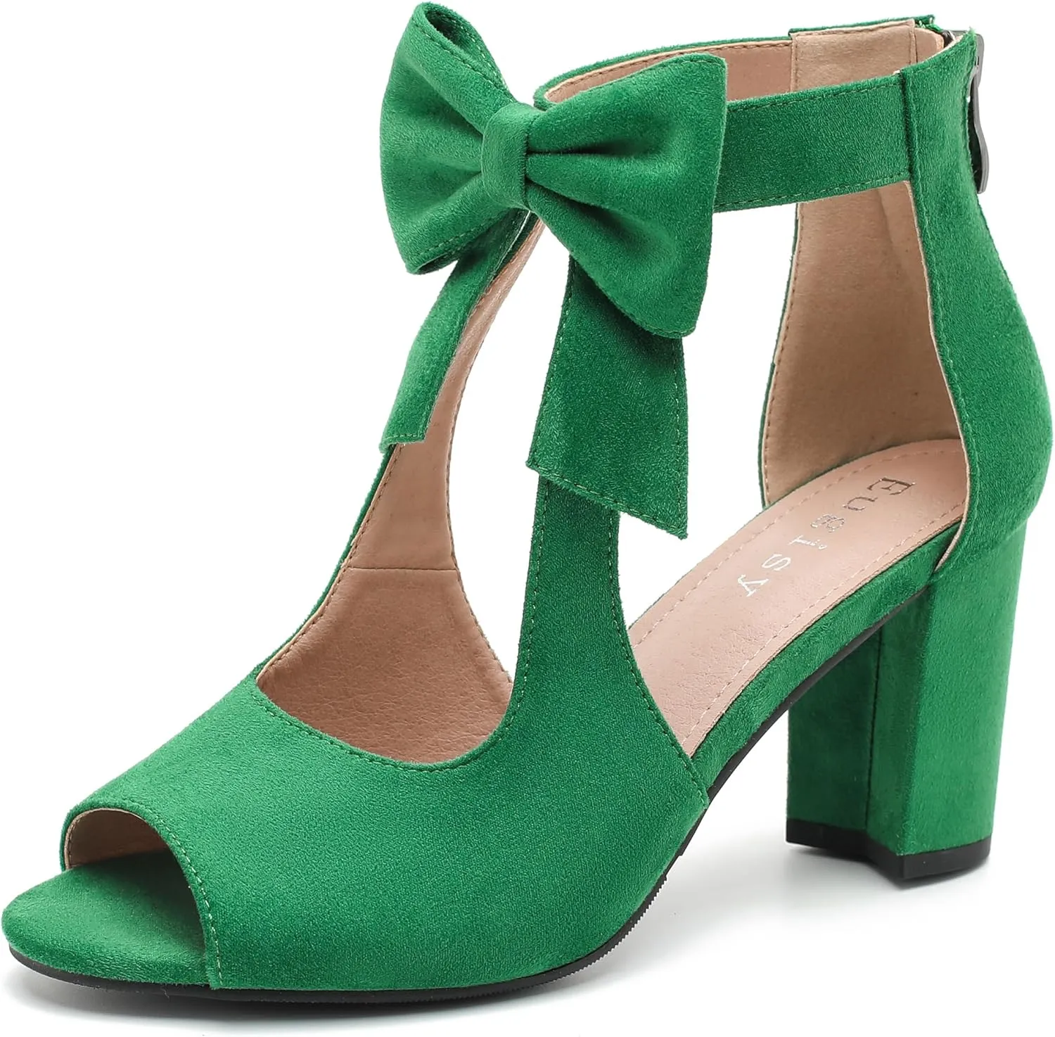 Women's Bows Strappy Sandals Open Toe Chunky High Heels Sandals Ankle Strap Dressy Pumps Back Zip Cutout Heeled Summer Party Sandals