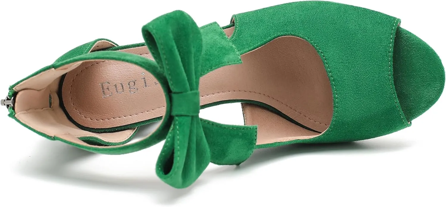 Women's Bows Strappy Sandals Open Toe Chunky High Heels Sandals Ankle Strap Dressy Pumps Back Zip Cutout Heeled Summer Party Sandals