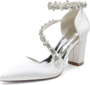 Women's Closed Toe Satin High Heels Chunky Block Ankle Strap Rhinestones Wedding Pumps Prom Evening Party Dress Shoes Sandal