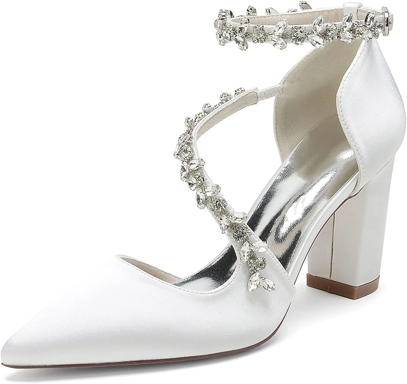 Women's Closed Toe Satin High Heels Chunky Block Ankle Strap Rhinestones Wedding Pumps Prom Evening Party Dress Shoes Sandal