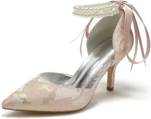 Womens Closed Toe Stiletto High Heels Wedding Shoes for Bride Pointed Toe Pearl Pumps Bridal Shoes Bowknot Strap Sandals Evening Dress Floral Satin,Pink,8.5