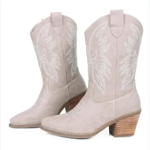 Womens Cowboy Boots Embroidered Western Cowgirl Mid Calf Boots with Block Chunky Heel Comfortable Retro Pull On Pointed Toe Wide Calf Long Tall