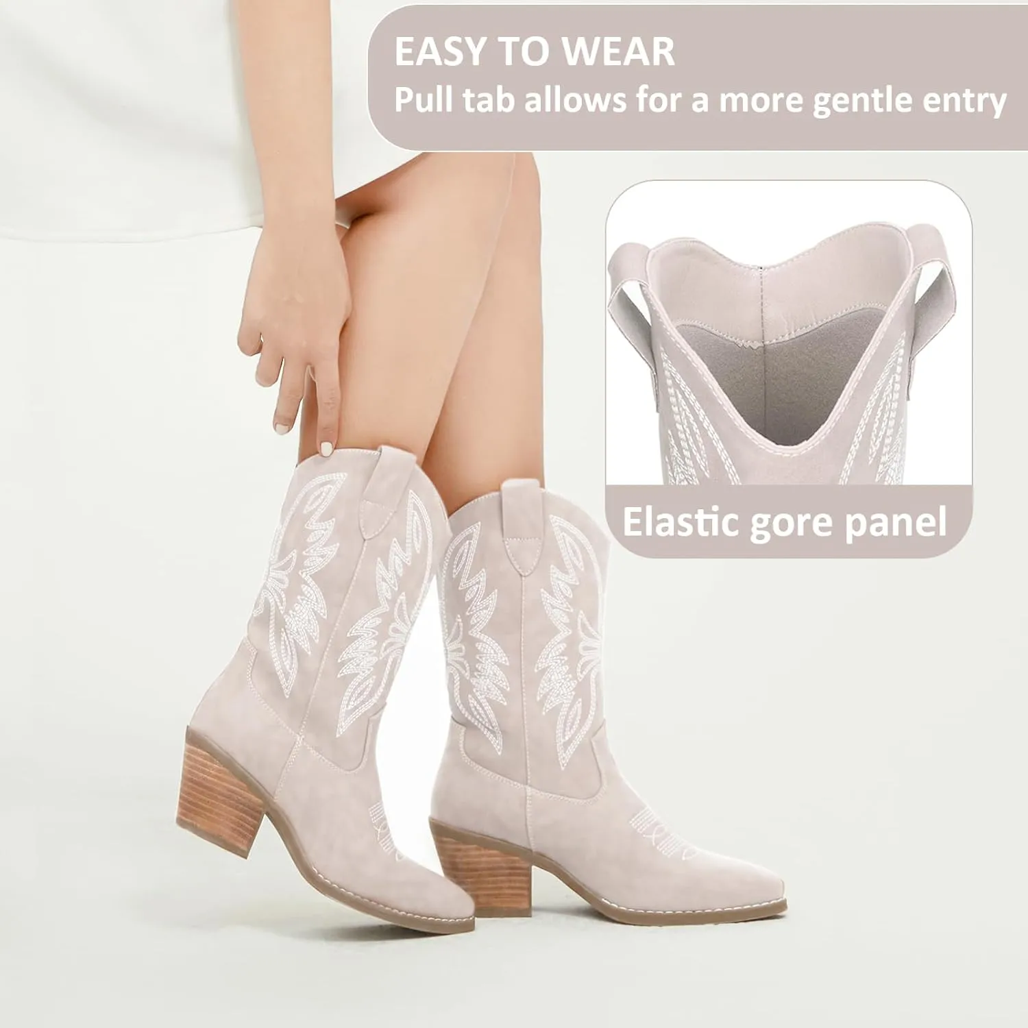 Womens Cowboy Boots Embroidered Western Cowgirl Mid Calf Boots with Block Chunky Heel Comfortable Retro Pull On Pointed Toe Wide Calf Long Tall