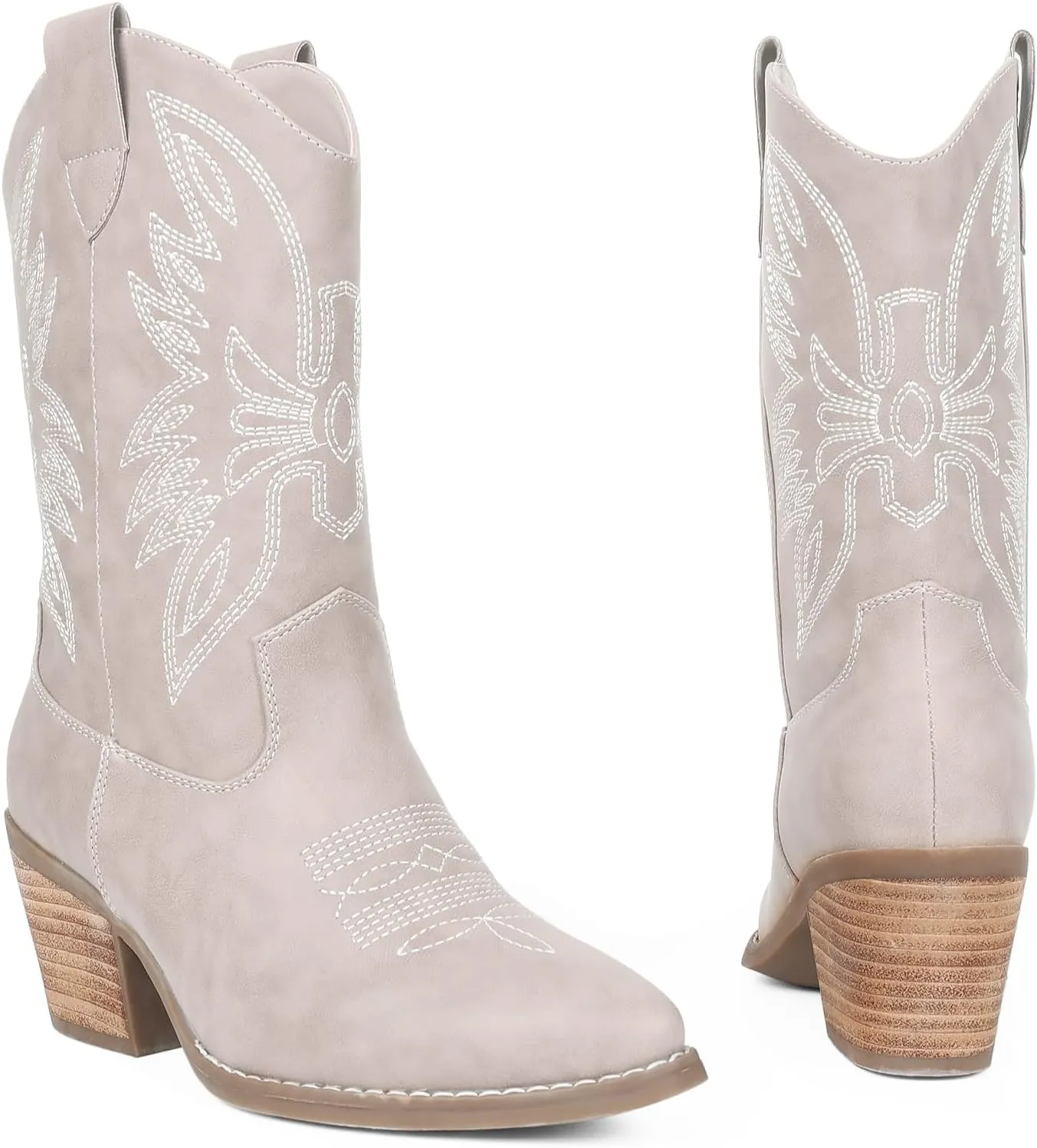 Womens Cowboy Boots Embroidered Western Cowgirl Mid Calf Boots with Block Chunky Heel Comfortable Retro Pull On Pointed Toe Wide Calf Long Tall