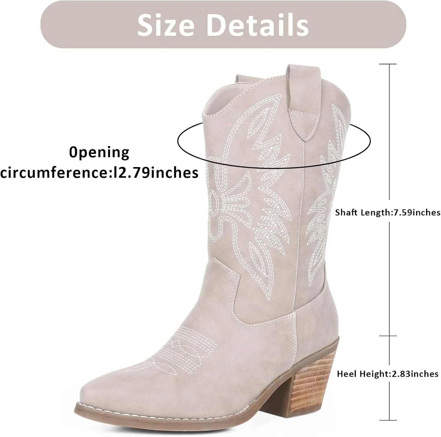 Womens Cowboy Boots Embroidered Western Cowgirl Mid Calf Boots with Block Chunky Heel Comfortable Retro Pull On Pointed Toe Wide Calf Long Tall