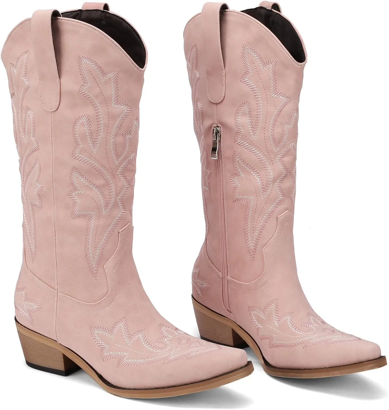 Women's Cowboy Boots Pink Wide Calf Boots Western Cowgirl Boot with Pointy Toe Tall Boots with Chunky Heel Cute Embroidered Long Boots for Concert Outfit