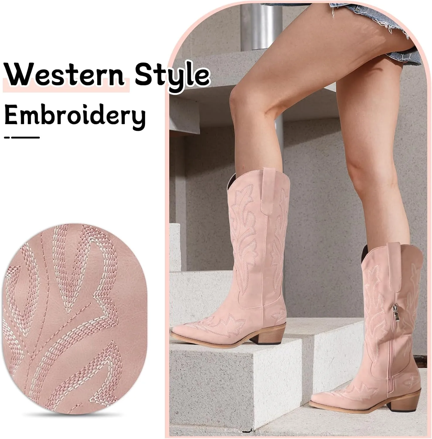 Women's Cowboy Boots Pink Wide Calf Boots Western Cowgirl Boot with Pointy Toe Tall Boots with Chunky Heel Cute Embroidered Long Boots for Concert Outfit