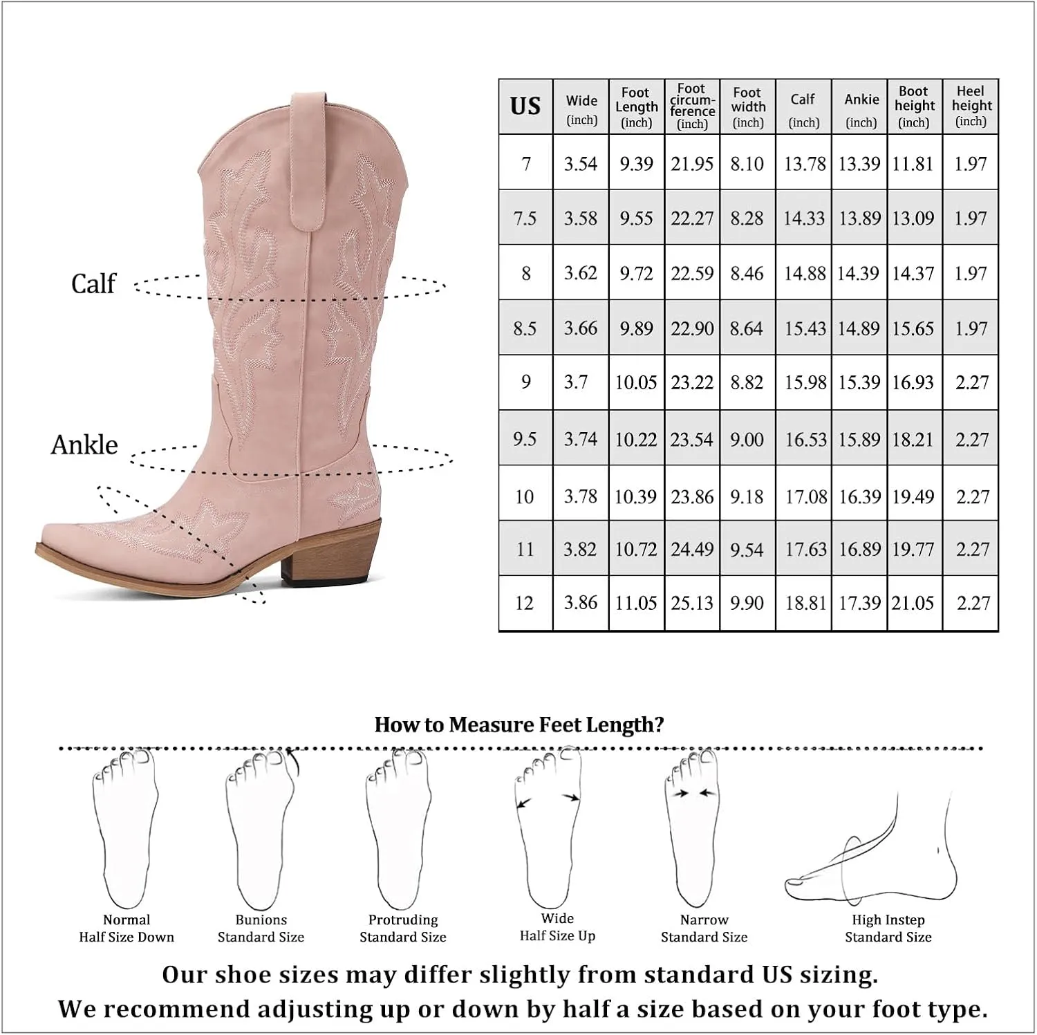Women's Cowboy Boots Pink Wide Calf Boots Western Cowgirl Boot with Pointy Toe Tall Boots with Chunky Heel Cute Embroidered Long Boots for Concert Outfit
