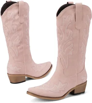 Women's Cowboy Boots Pink Wide Calf Boots Western Cowgirl Boot with Pointy Toe Tall Boots with Chunky Heel Cute Embroidered Long Boots for Concert Outfit