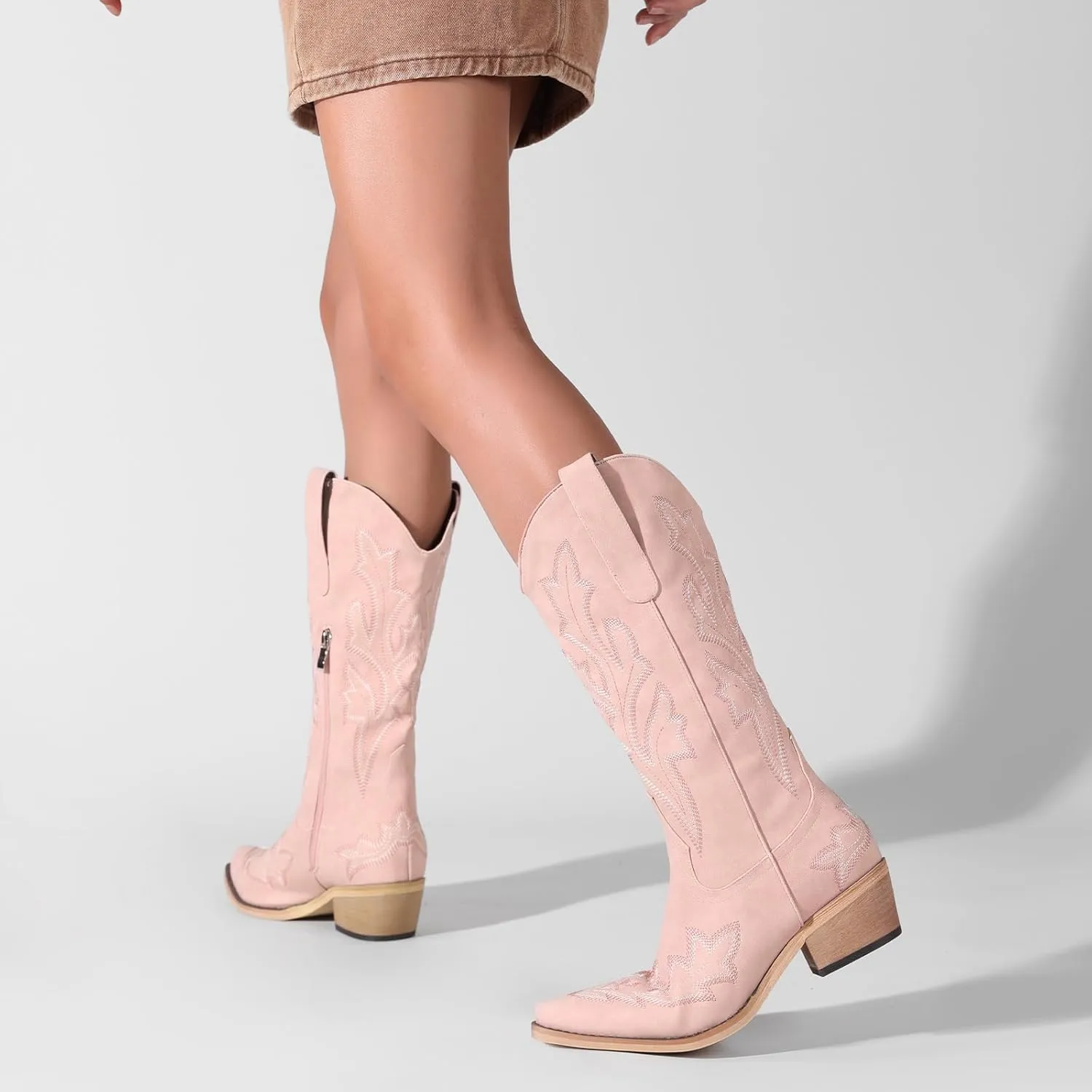 Women's Cowboy Boots Pink Wide Calf Boots Western Cowgirl Boot with Pointy Toe Tall Boots with Chunky Heel Cute Embroidered Long Boots for Concert Outfit