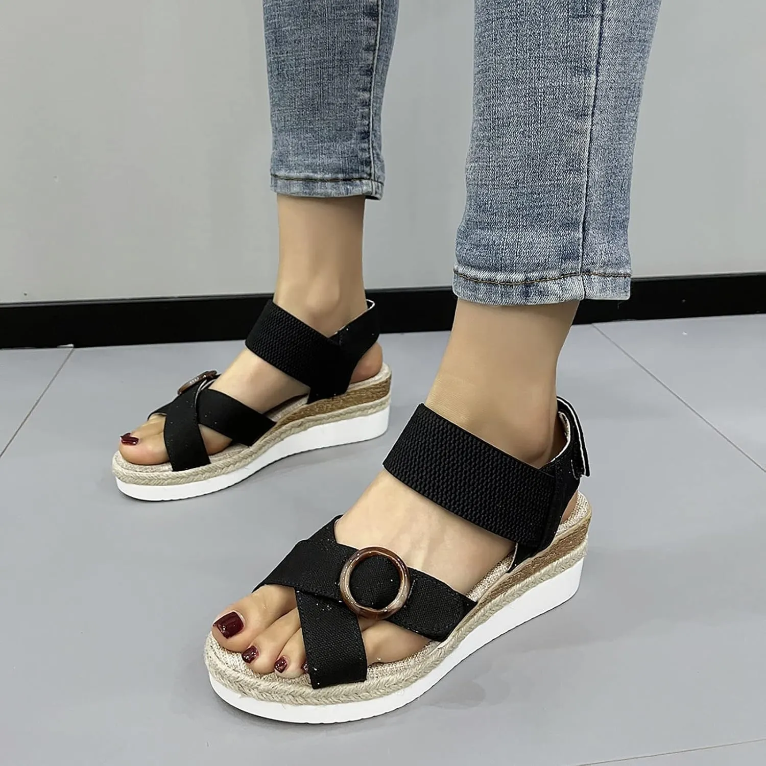 Women's Cross Thick Strappy Sandals Hook and Loop Solid Wedge Shoe Trendy Open Toe Sandal Elegant High Heel