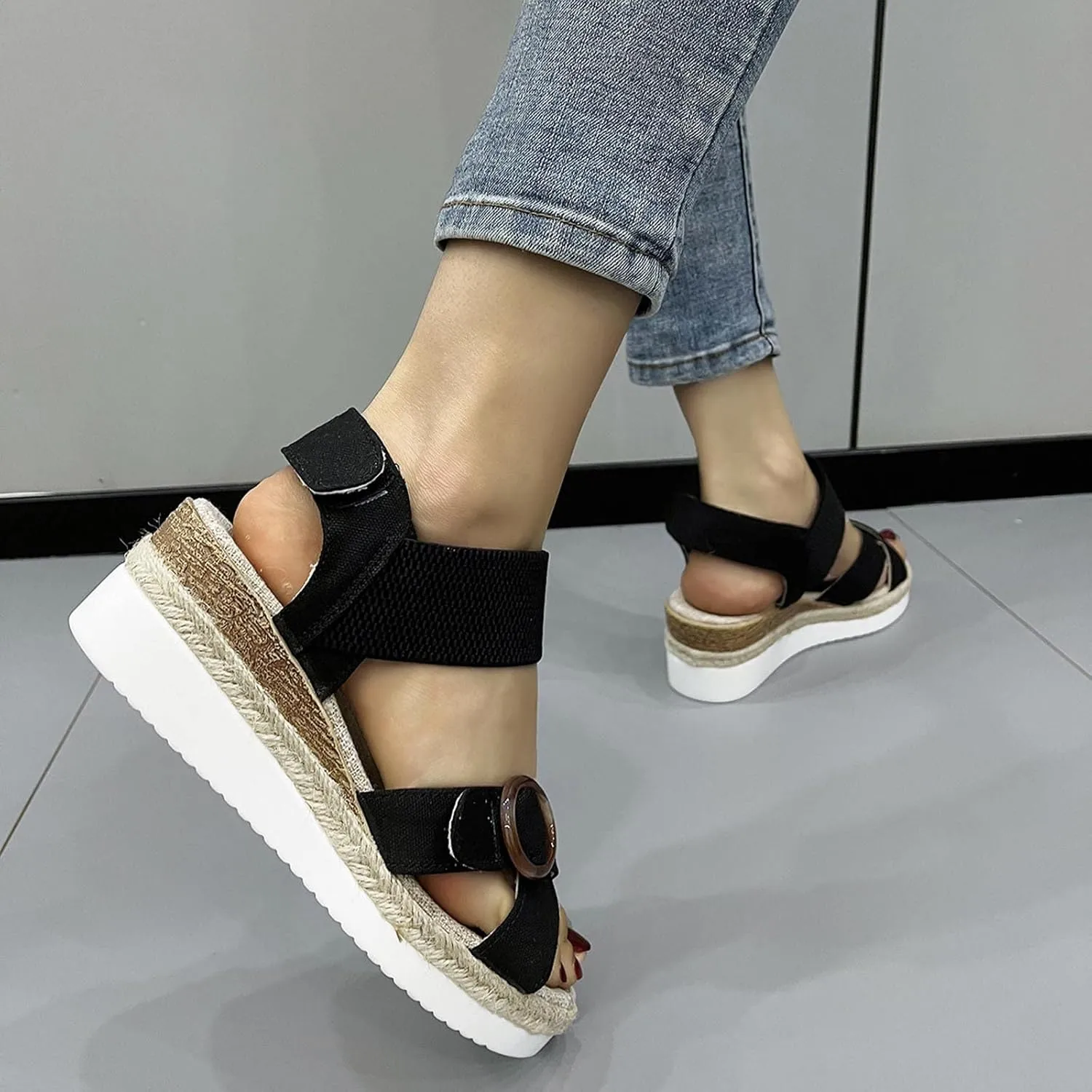 Women's Cross Thick Strappy Sandals Hook and Loop Solid Wedge Shoe Trendy Open Toe Sandal Elegant High Heel