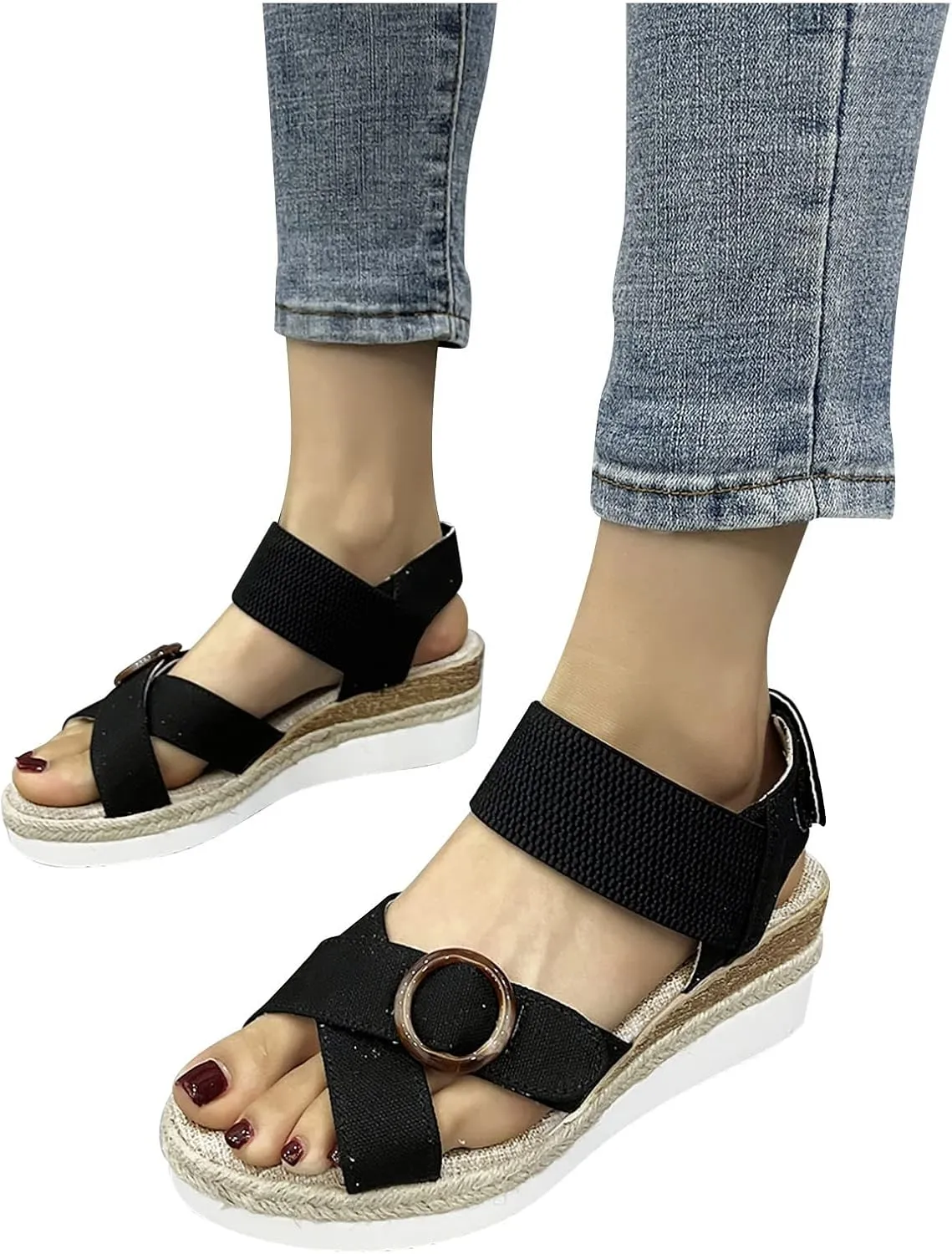 Women's Cross Thick Strappy Sandals Hook and Loop Solid Wedge Shoe Trendy Open Toe Sandal Elegant High Heel