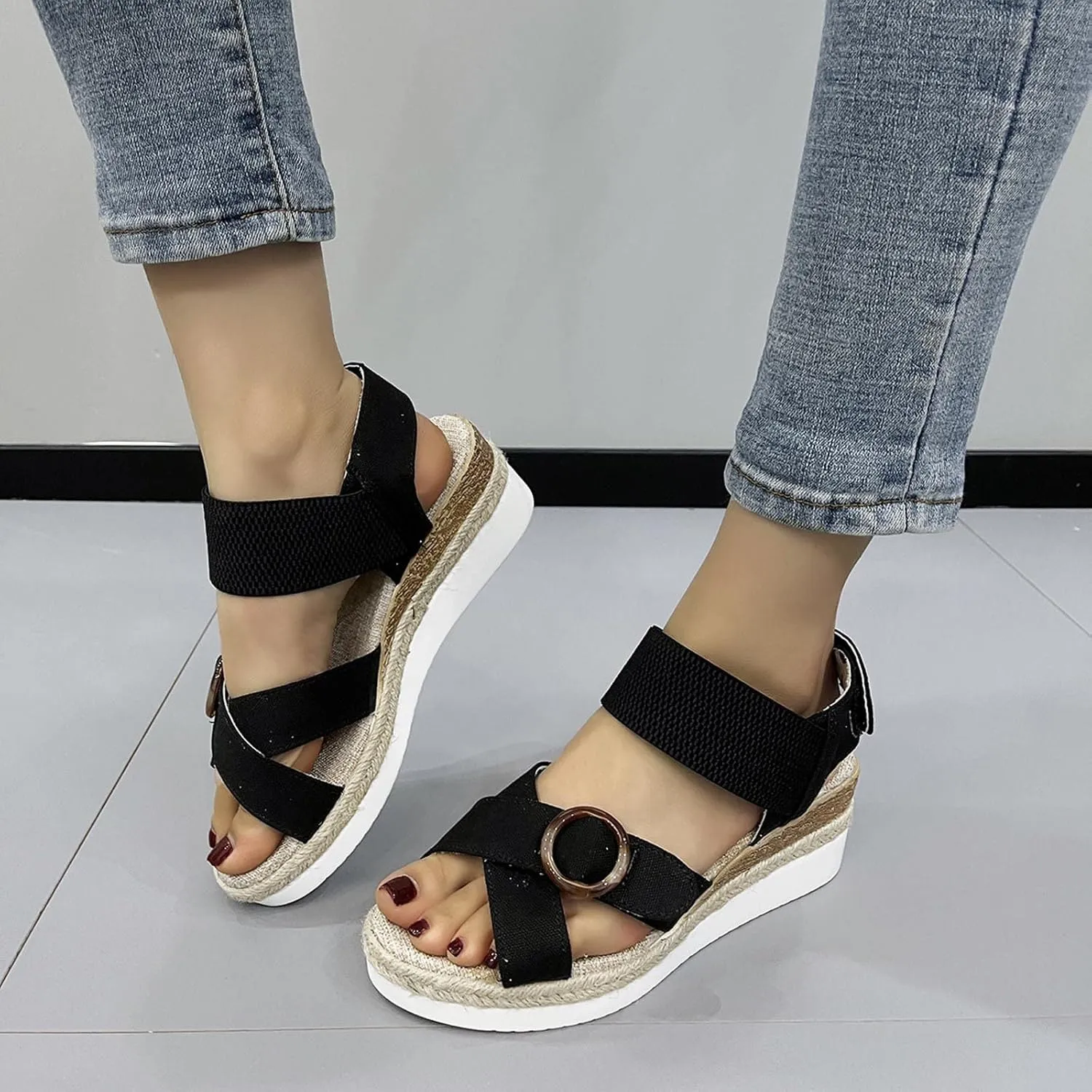 Women's Cross Thick Strappy Sandals Hook and Loop Solid Wedge Shoe Trendy Open Toe Sandal Elegant High Heel