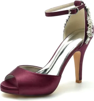 Women's Crystal Peep Toe High Heels Satin Wedding Bridal Shoes Rhinestones Sandals Prom Evening Formal Party Dress Pumps