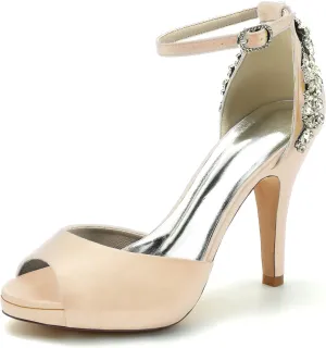 Women's Crystal Peep Toe High Heels Satin Wedding Bridal Shoes Rhinestones Sandals Prom Evening Formal Party Dress Pumps