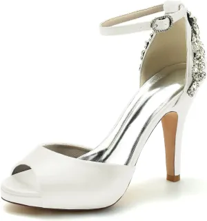 Women's Crystal Peep Toe High Heels Satin Wedding Bridal Shoes Rhinestones Sandals Prom Evening Formal Party Dress Pumps