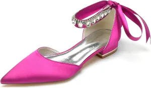 Women's Crystal Pointed Toe Satin Flats Wedding Shoes for Bride Closed Toe Bridal Shoes Ankle Strap Prom Party Dress Pumps with Bow