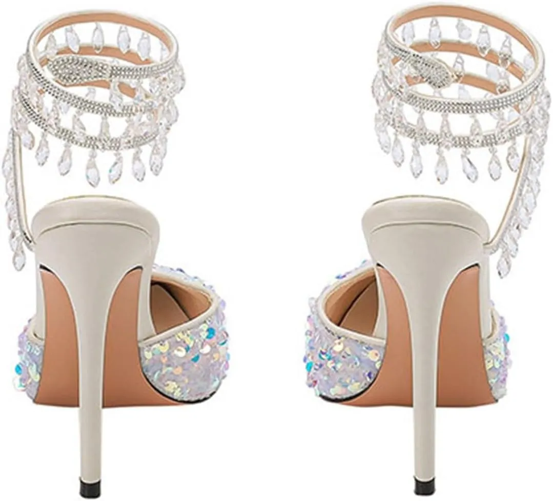 Women's Crystal Spiral Strap High Heels Pointed Toe Ankle Strap Pumps Sexy Stiletto Wedding Dress Shoes