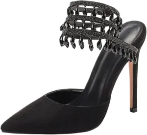 Women's Crystal Spiral Strap High Heels Pointed Toe Ankle Strap Pumps Sexy Stiletto Wedding Dress Shoes