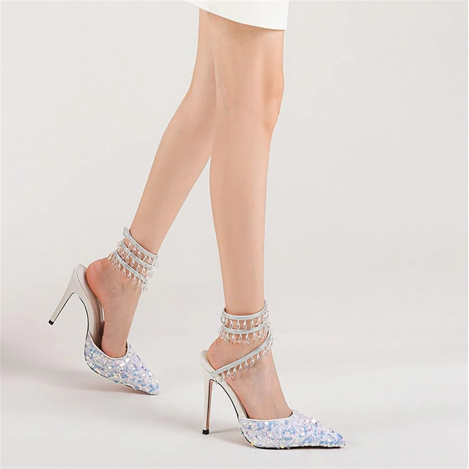 Women's Crystal Spiral Strap High Heels Pointed Toe Ankle Strap Pumps Sexy Stiletto Wedding Dress Shoes
