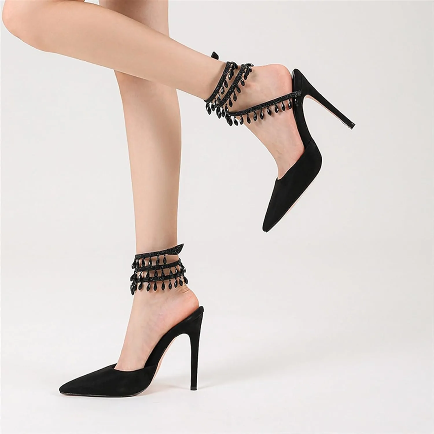 Women's Crystal Spiral Strap High Heels Pointed Toe Ankle Strap Pumps Sexy Stiletto Wedding Dress Shoes