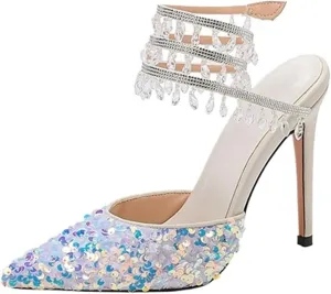 Women's Crystal Spiral Strap High Heels Pointed Toe Ankle Strap Pumps Sexy Stiletto Wedding Dress Shoes