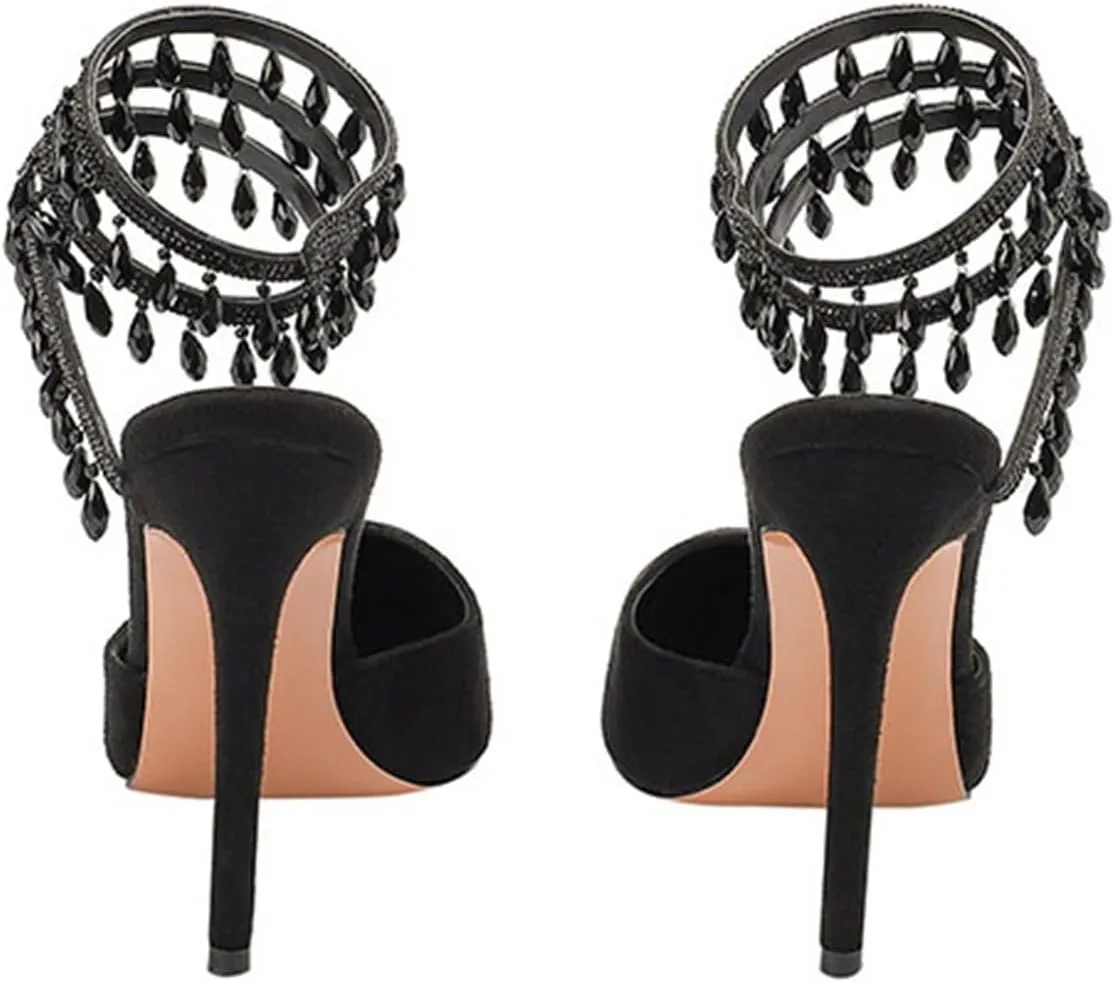 Women's Crystal Spiral Strap High Heels Pointed Toe Ankle Strap Pumps Sexy Stiletto Wedding Dress Shoes