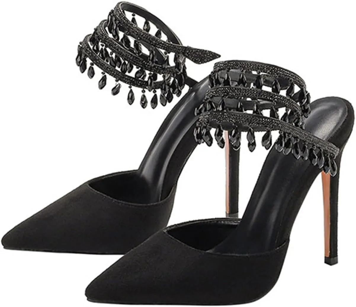 Women's Crystal Spiral Strap High Heels Pointed Toe Ankle Strap Pumps Sexy Stiletto Wedding Dress Shoes