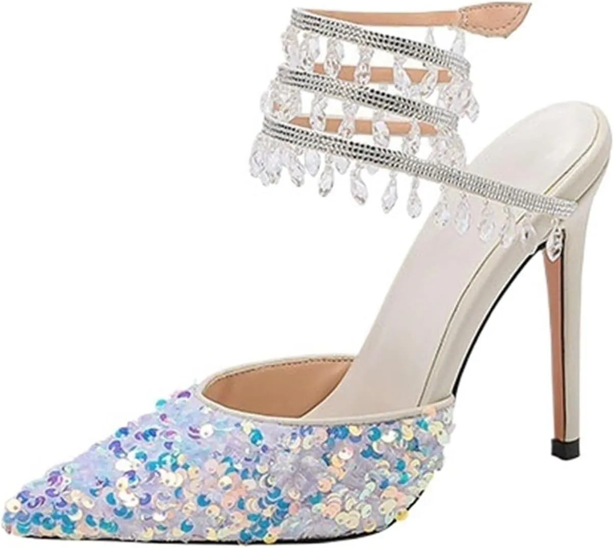 Women's Crystal Spiral Strap High Heels Pointed Toe Ankle Strap Pumps Sexy Stiletto Wedding Dress Shoes