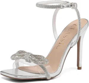 Women's Double Bowknots Heels Crystal Sandals, Open Square Silver High Heeled Toe Clear Heels Wedding Shoes Ankle Strap Crystal Rhinestonefor